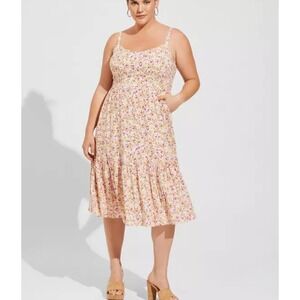 Torrid 4 4X 26 Dress Midi Rayon Slub Tiered Sundress Sunshine Ditsy Floral NWT
